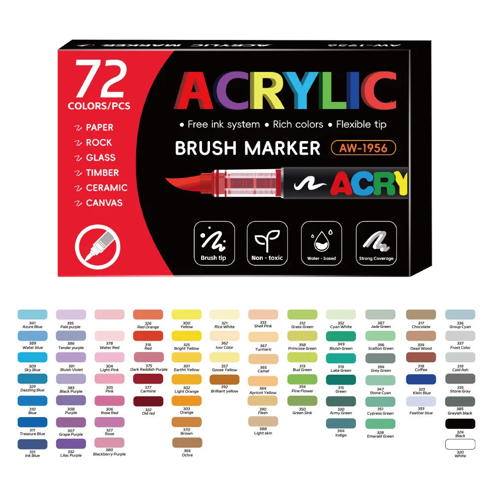 Set de marqueurs acryliques à pointe pinceau – 72 couleurs