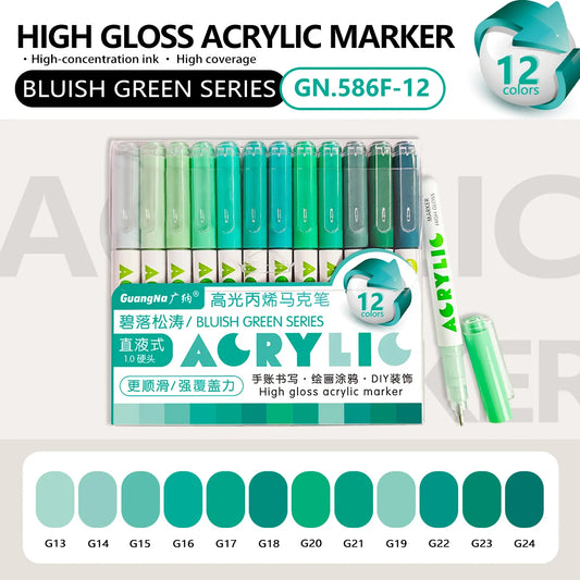 Lot de 12 marqueurs acryliques – Pointe Fine – Haute brillance - Serie Vert Buisson