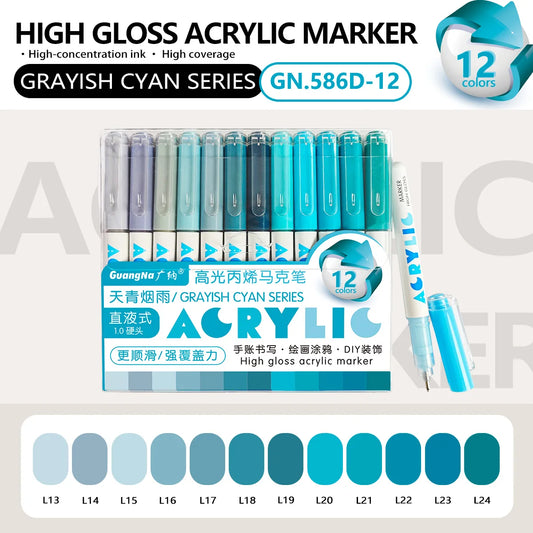 Lot de 12 marqueurs acryliques – Pointe Fine – Haute brillance - Serie Cyan Grisé