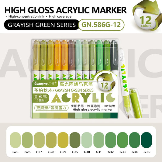 Lot de 12 marqueurs acryliques – Pointe Fine – Haute brillance - Serie Vert Grisé