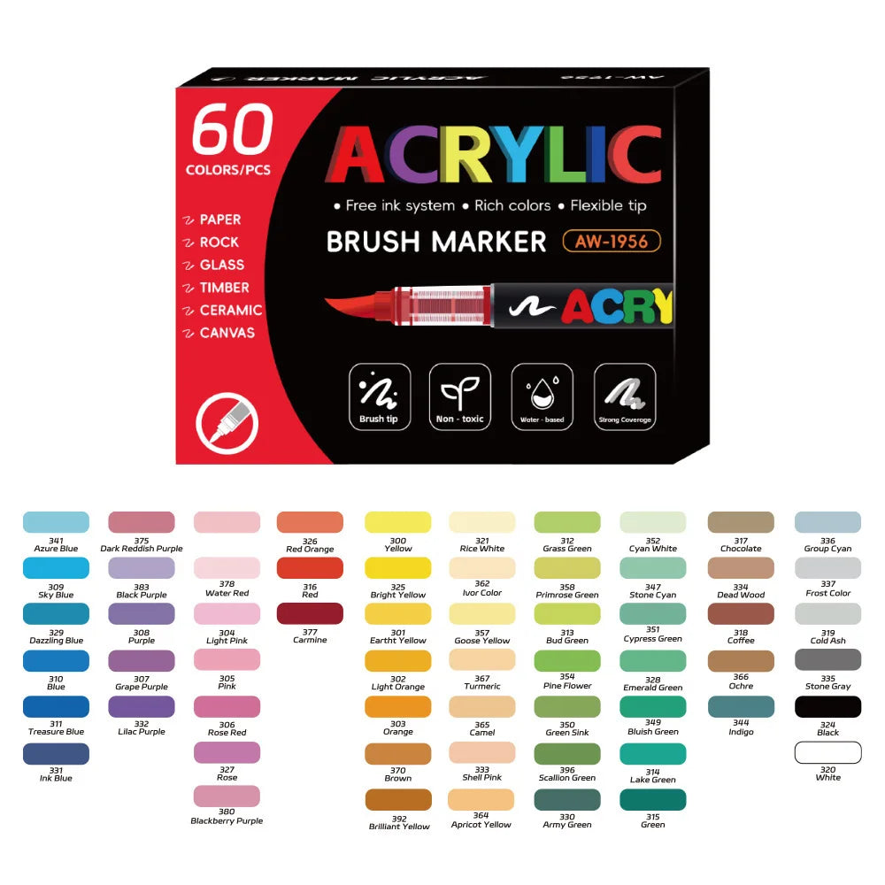 Set de marqueurs acryliques à pointe pinceau – 60 couleurs
