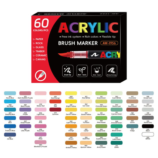 Set de marqueurs acryliques à pointe pinceau – 60 couleurs